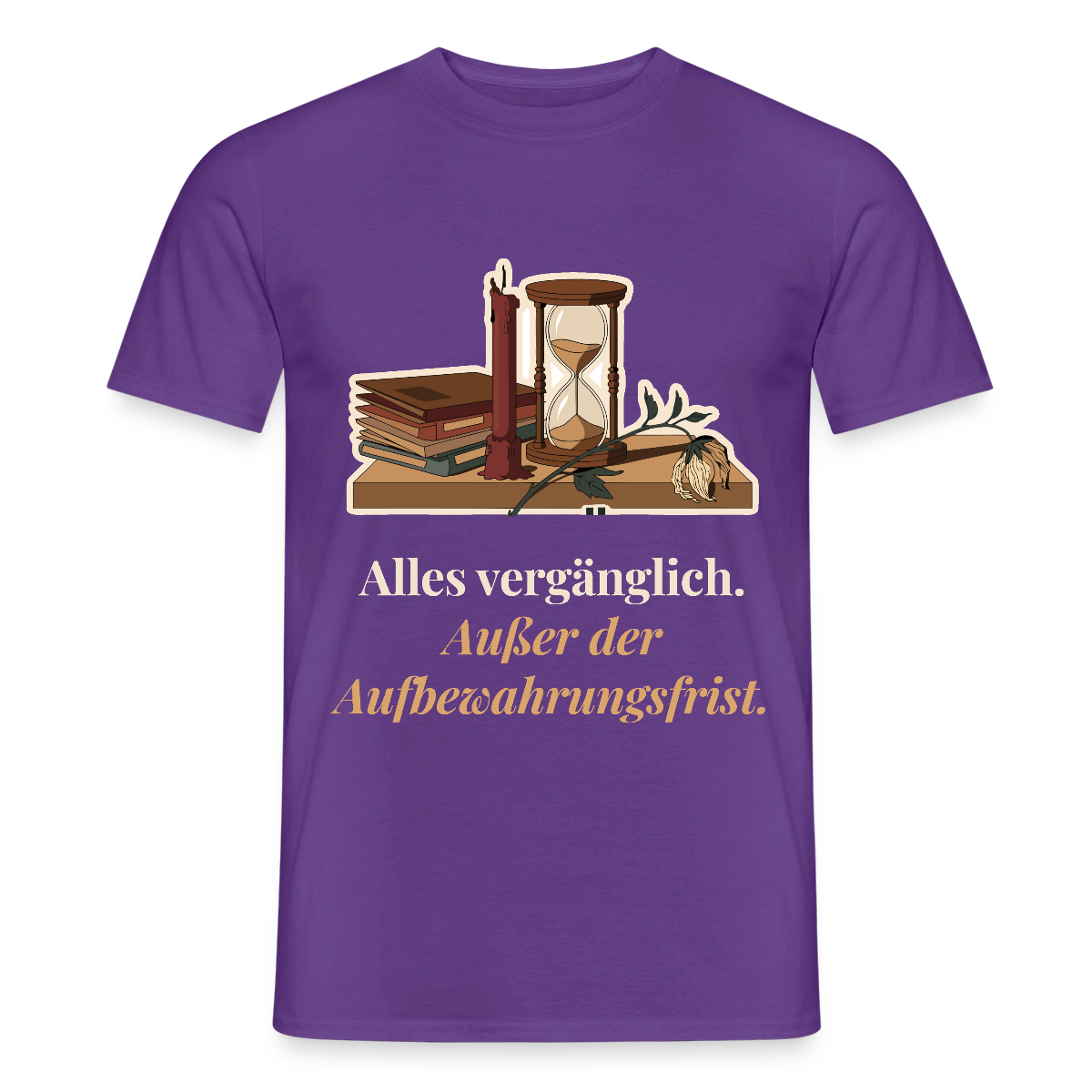 "Alles vergänglich. Außer der Aufbewahrungsfrist." Motiv-T-Shirt für Männer, Farbe Lila
