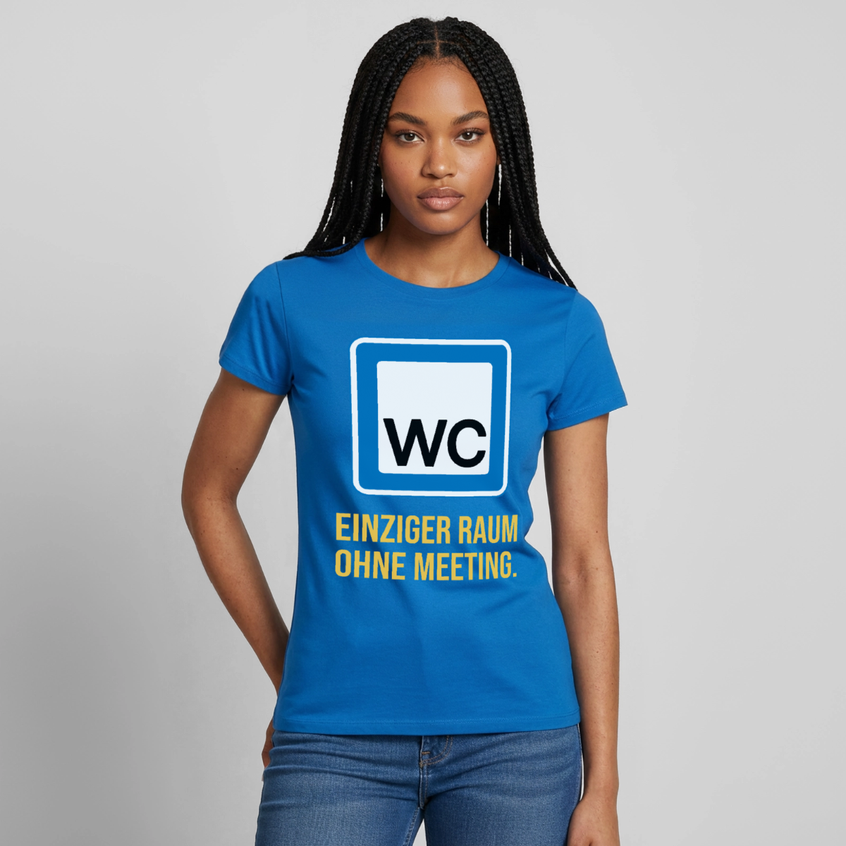 "WC: einziger Raum ohne Meeting. Schild-Motiv" Motiv-T-Shirt für Frauen, Farbe Royalblau
