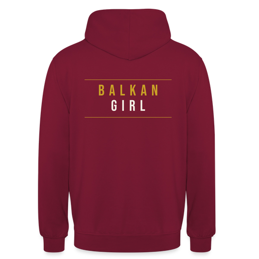 Balkan Girl. Serif-Motiv Motiv-Hoodie unisex, Farbe Bordeaux