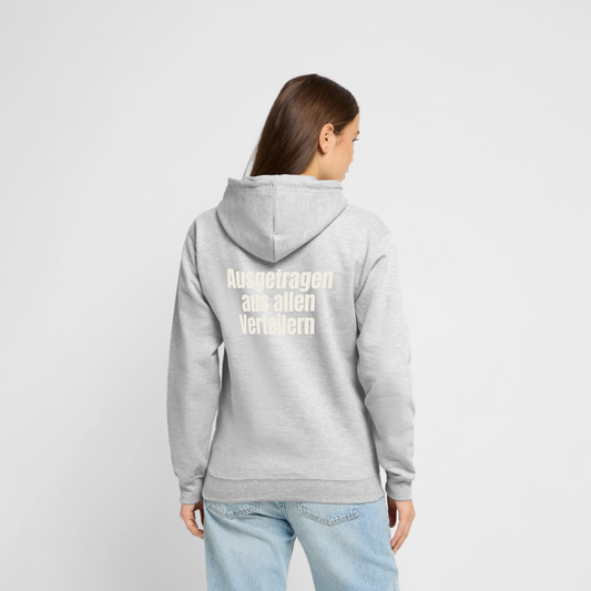 "Ausgetragen aus allen Verteilern" Motiv-Hoodie unisex, Farbe Hellgrau meliert
