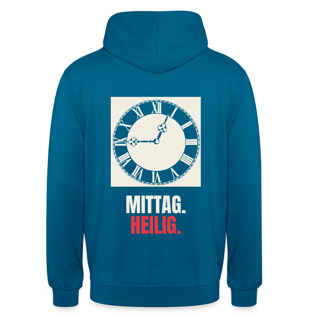"Mittag. Heilig." Motiv-Hoodie unisex, Farbe Tiefseeblau