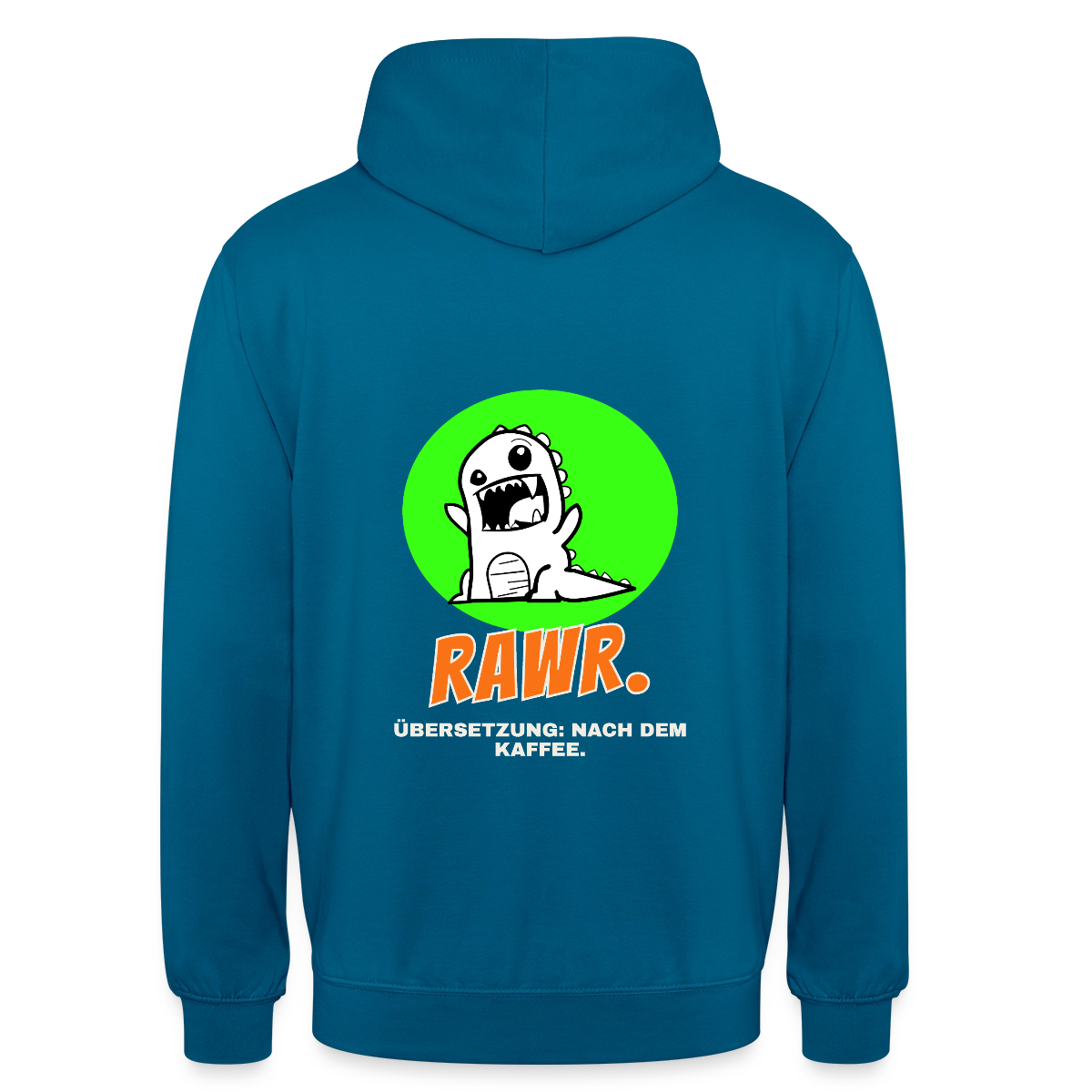 "Rawr. Übersetzung: nach dem Kaffee. Sticker-Motiv" Motiv-Hoodie unisex, Farbe Tiefseeblau