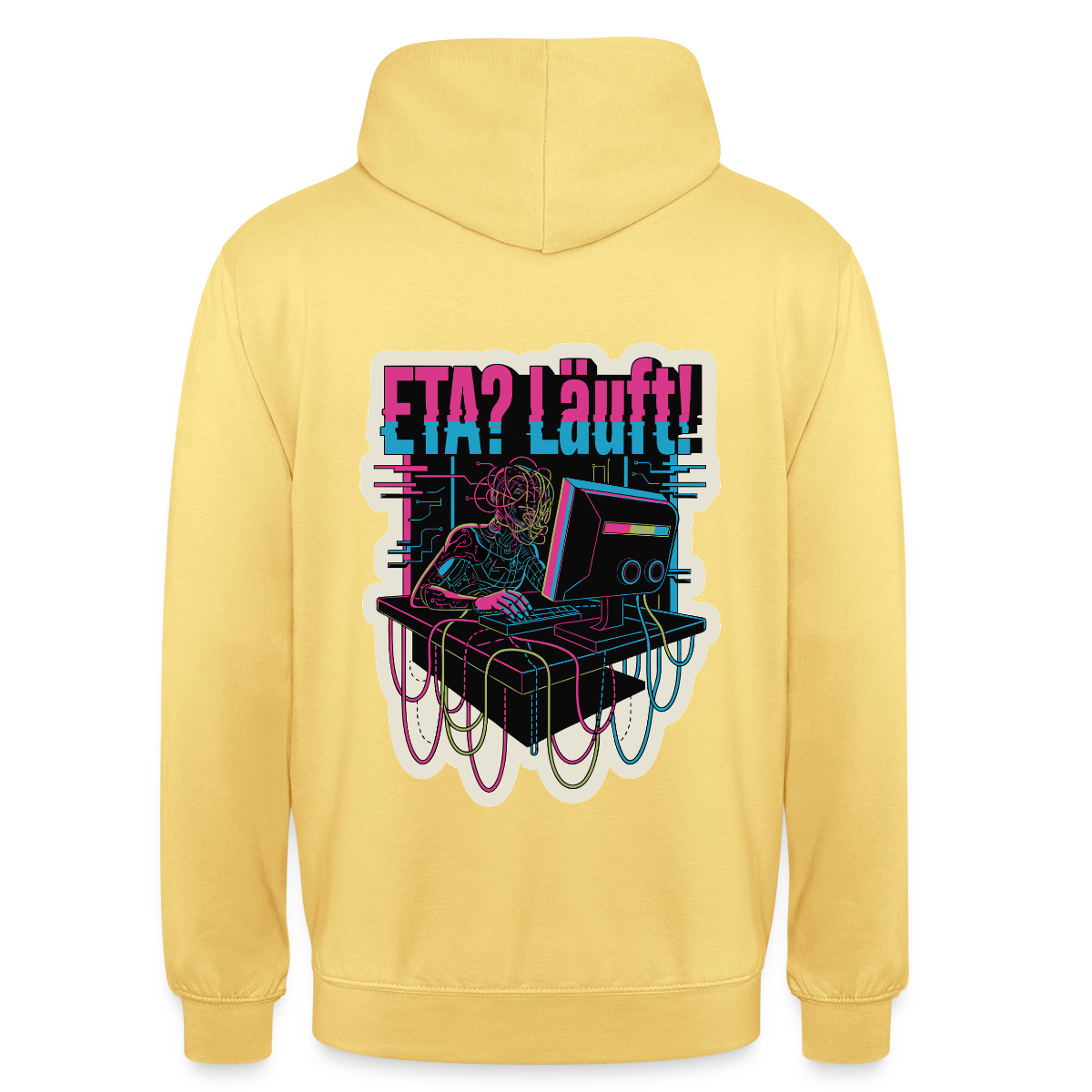 "ETA? Läuft! Cyberpunk-Motiv" Motiv-Hoodie unisex, Farbe Zitronengelb