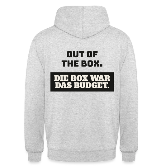 Out of the Box. Die Box war das Budget. Motiv-Hoodie unisex, Farbe Hellgrau meliert