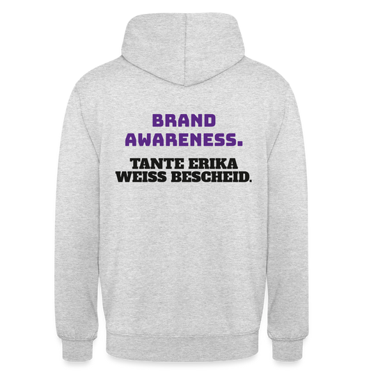 Brand Awareness. Tante Erika weiß Bescheid. Motiv-Hoodie unisex, Farbe Hellgrau meliert