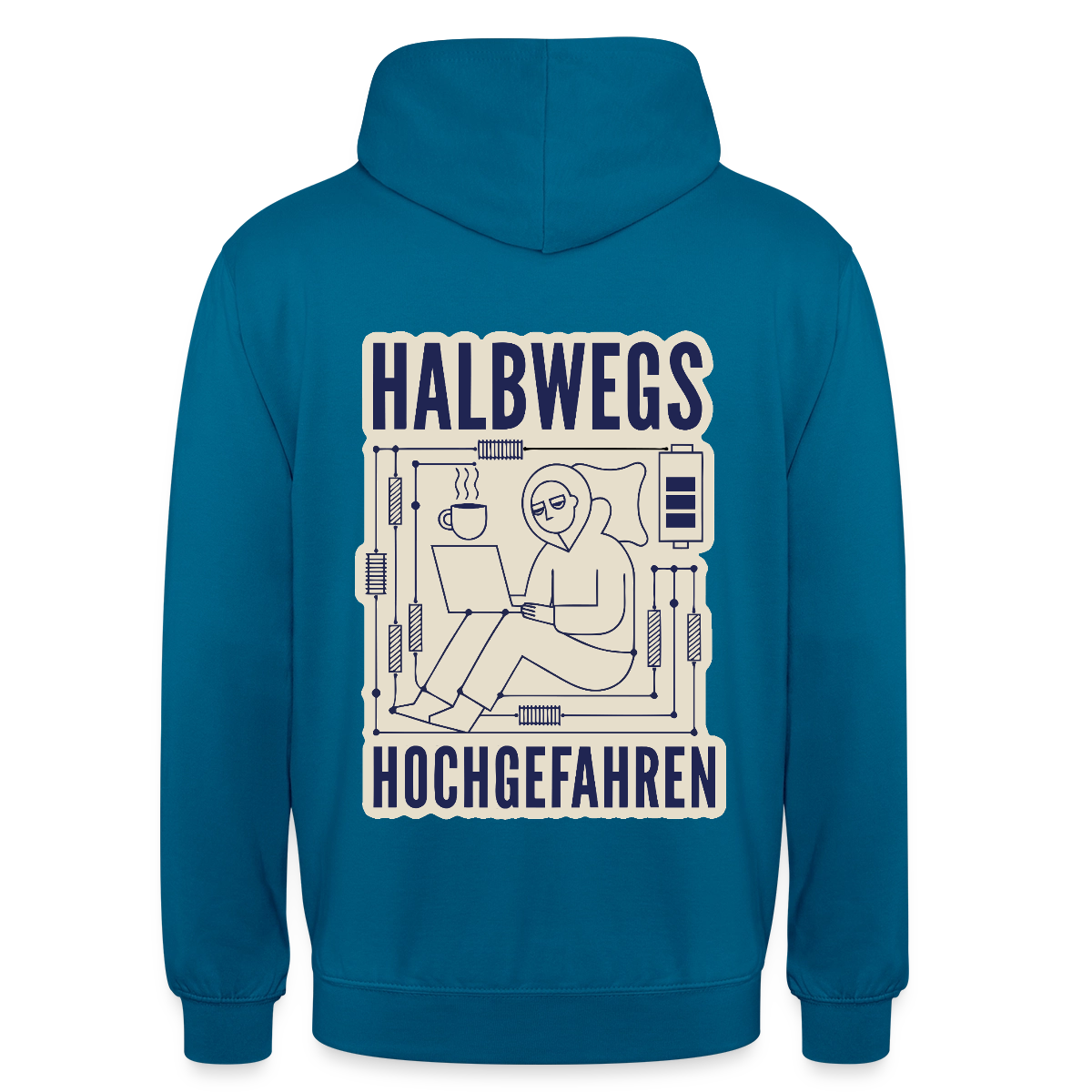 Halbwegs hochgefahren. Motiv-Hoodie unisex, Farbe Tiefseeblau