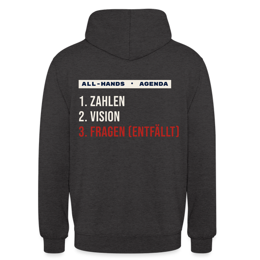 All-Hands-Agenda: 1 Zahlen, 2 Vision, 3 Fragen (entfällt) Motiv-Hoodie unisex, Farbe Anthrazit