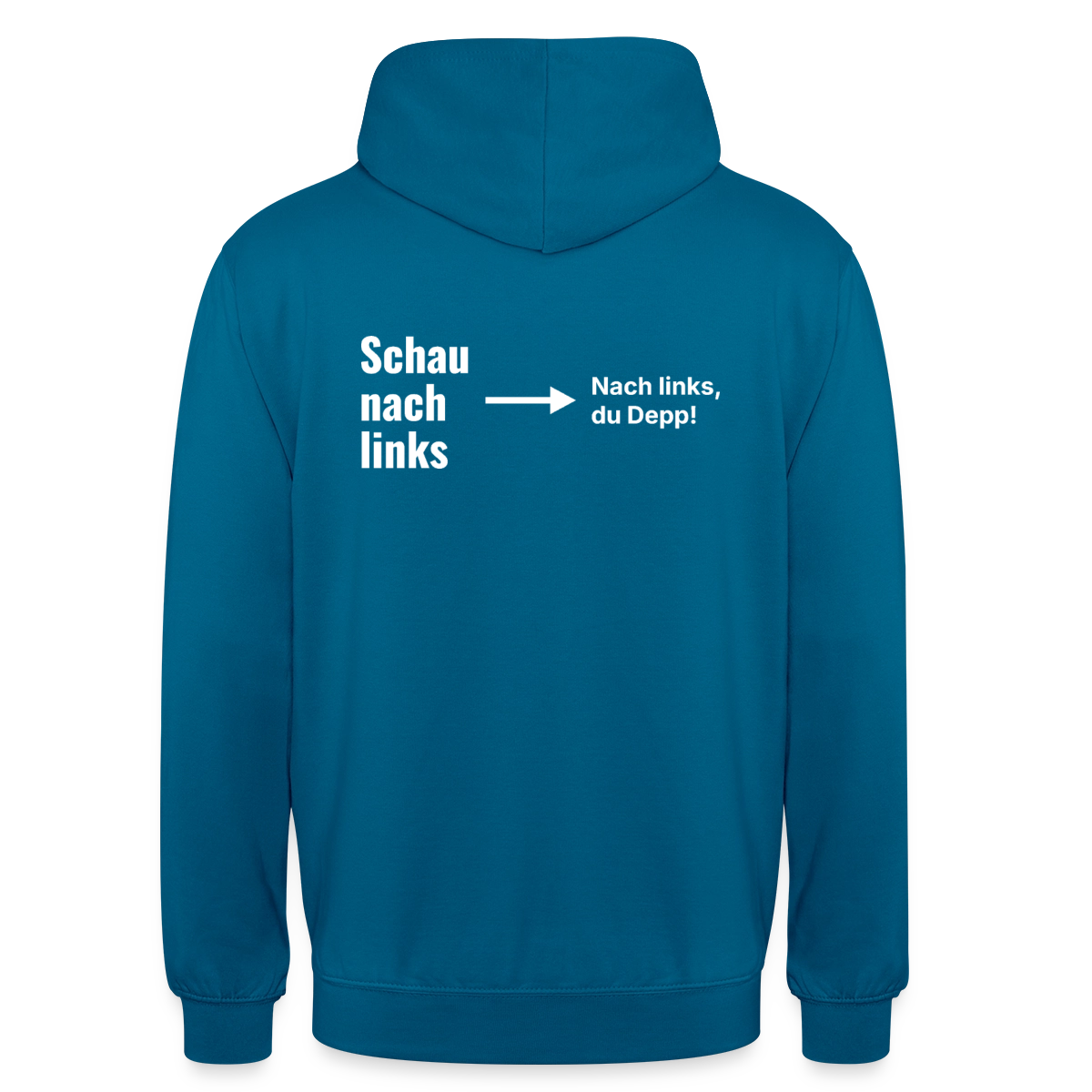 Schau nach links. Typo-Motiv Motiv-Hoodie unisex, Farbe Tiefseeblau