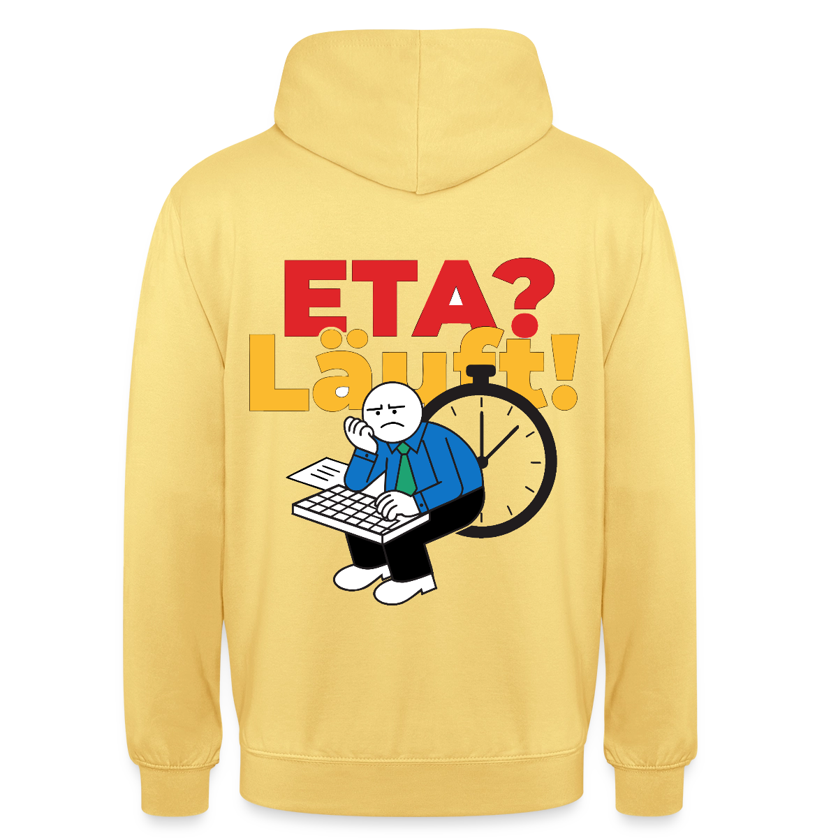 "ETA? Läuft! Strichfiguren-Motiv" Motiv-Hoodie unisex, Farbe Zitronengelb
