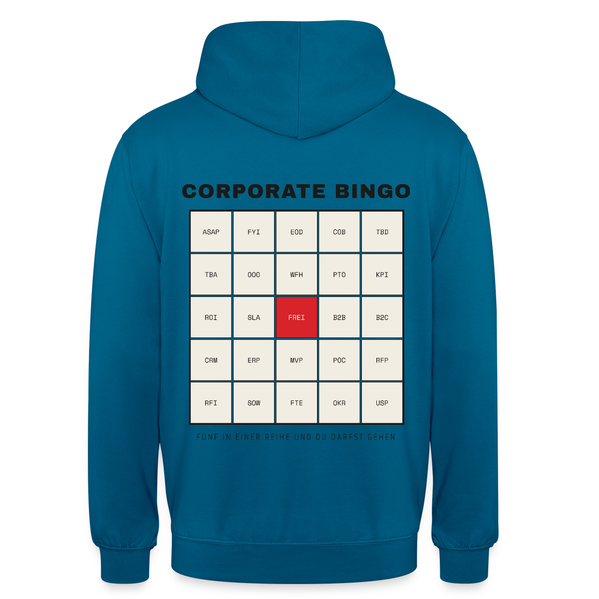 Corporate Bingo. Fünf in einer Reihe. Motiv-Hoodie unisex, Farbe Tiefseeblau