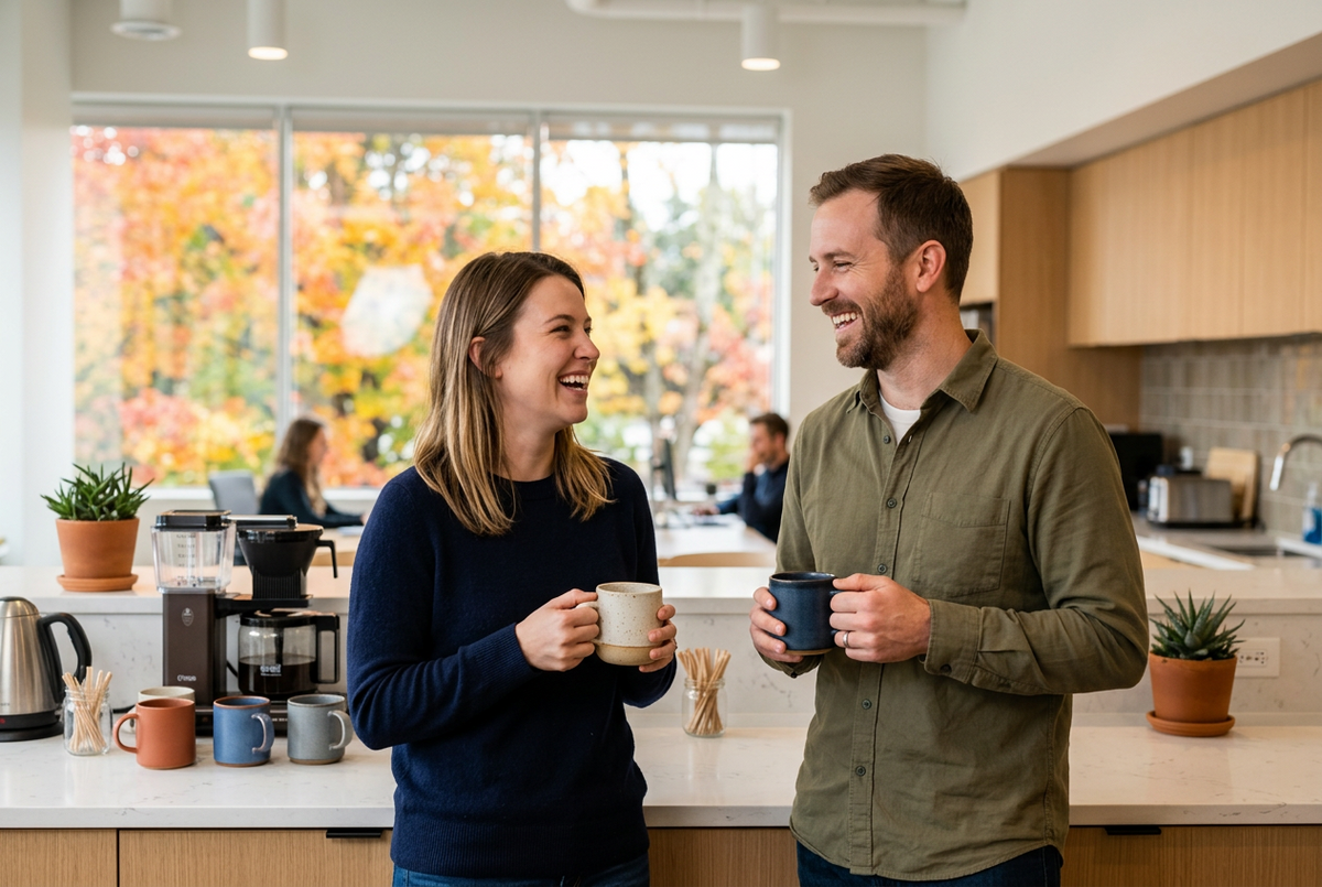 Zwei Kollegen mit Kaffeetassen lachen in der hellen Büroküche, dahinter bunte Bürotassen und Herbstlaub vor dem Fenster
