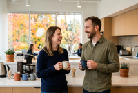 Zwei Kollegen mit Kaffeetassen lachen in der hellen Büroküche, dahinter bunte Bürotassen und Herbstlaub vor dem Fenster