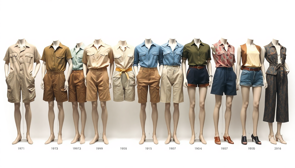 Schaufensterpuppen in einer Reihe zeigen Shorts aus verschiedenen Jahrzehnten, vom Safarilook bis zur Jeansshorts