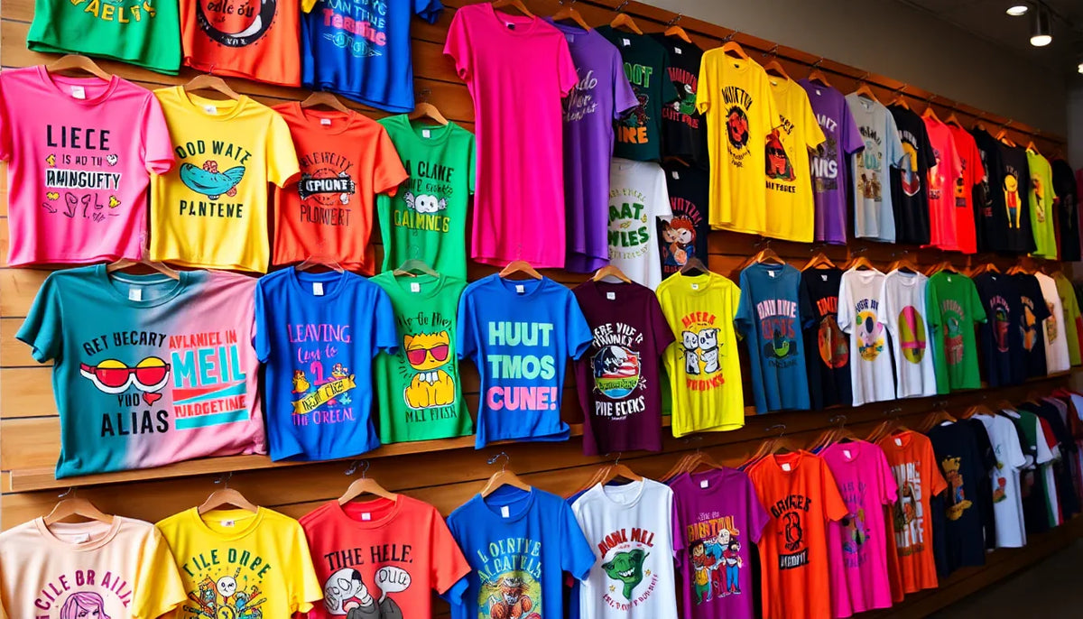 Wand voller bunter T-Shirts mit Sprüchen und Grafiken auf Kleiderbügeln, Statement-Shirts in allen Farben