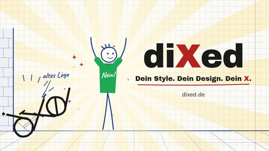 Kritzelfigur im grünen Nein Shirt jubelt zum diXed Relaunch, das alte Logo liegt als Fahrrad in der Ecke