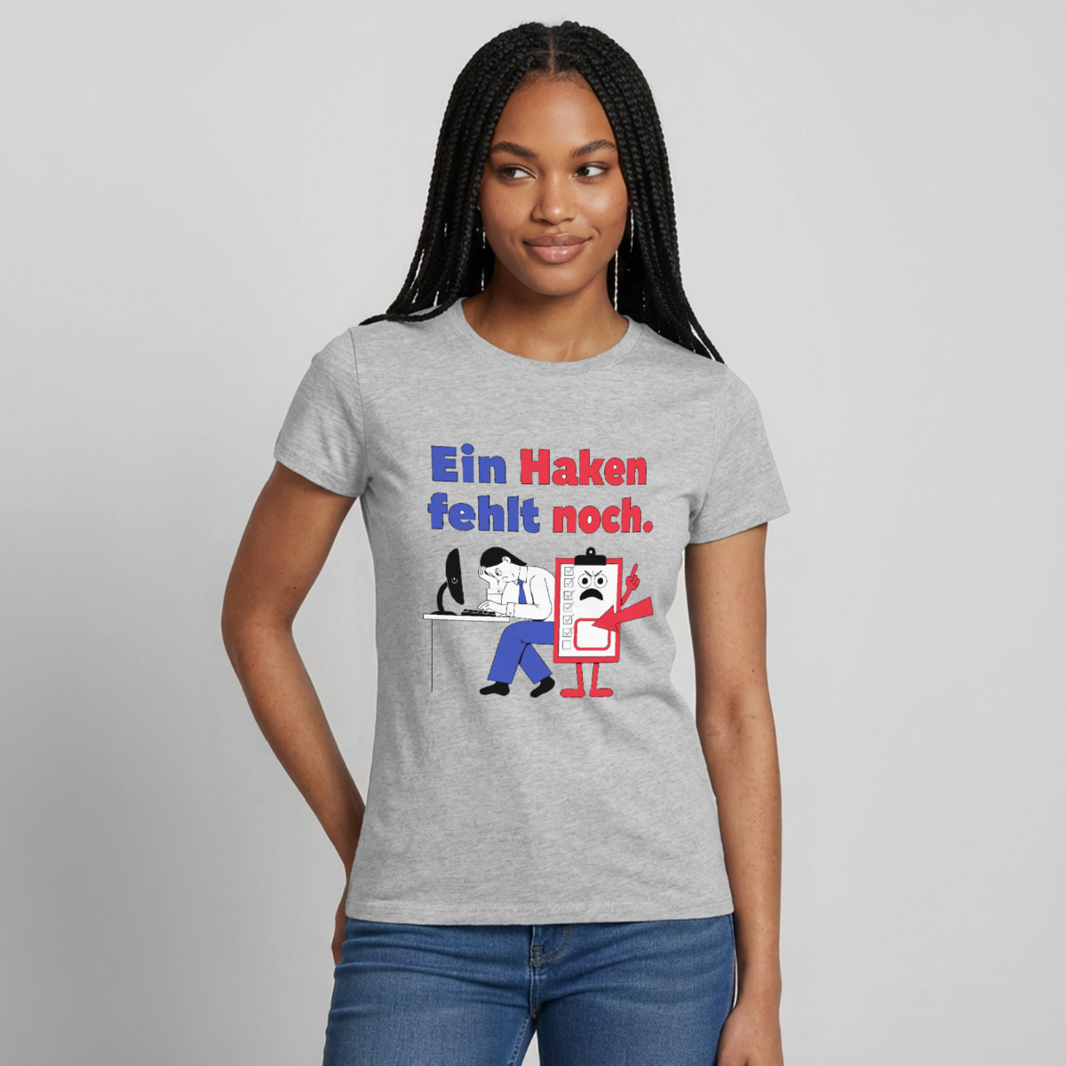 "Ein Haken fehlt noch. Klemmbrett-Motiv" Motiv-T-Shirt für Frauen, Farbe Grau meliert