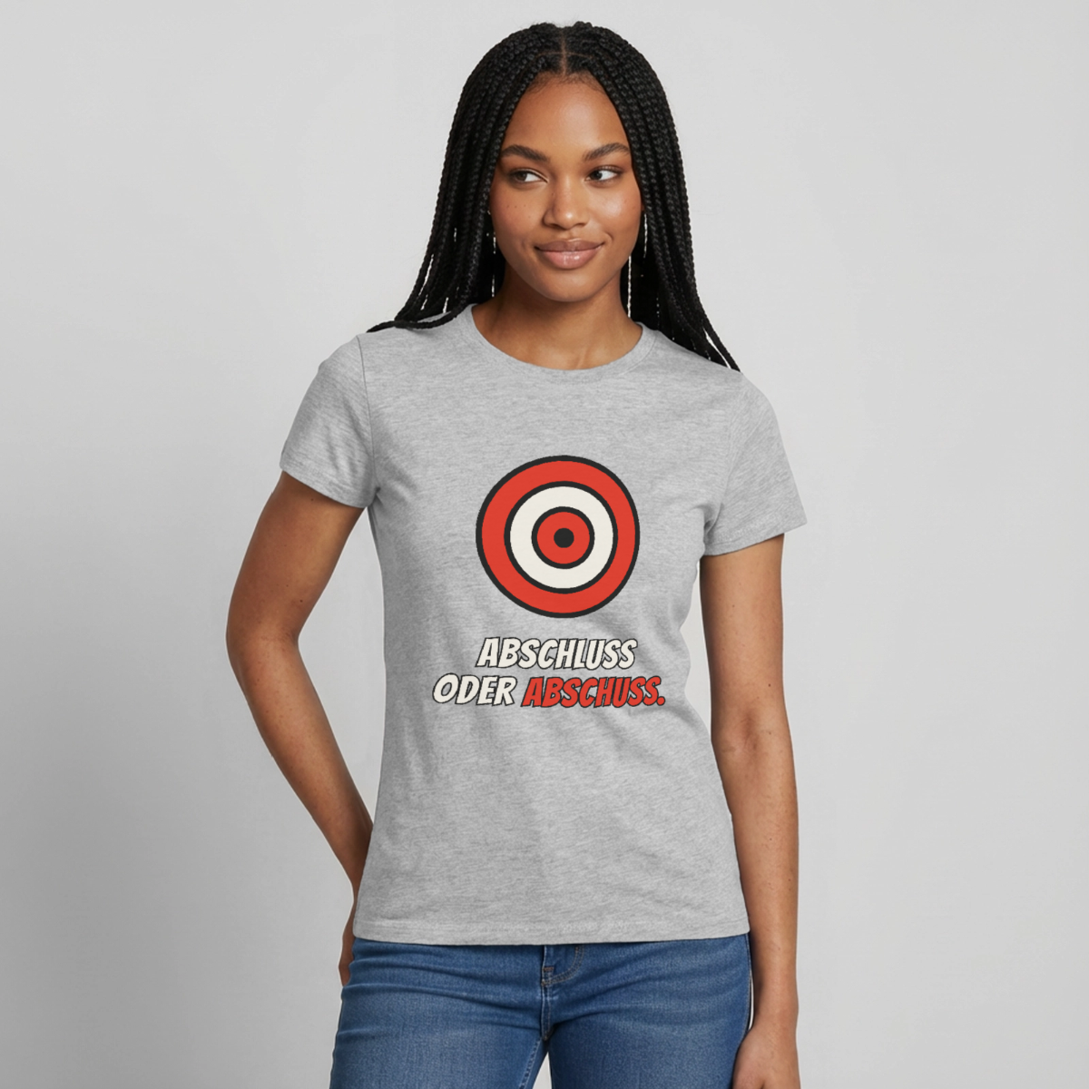 Abschluss oder Abschuss. Motiv-T-Shirt für Frauen, Farbe Grau meliert, Model