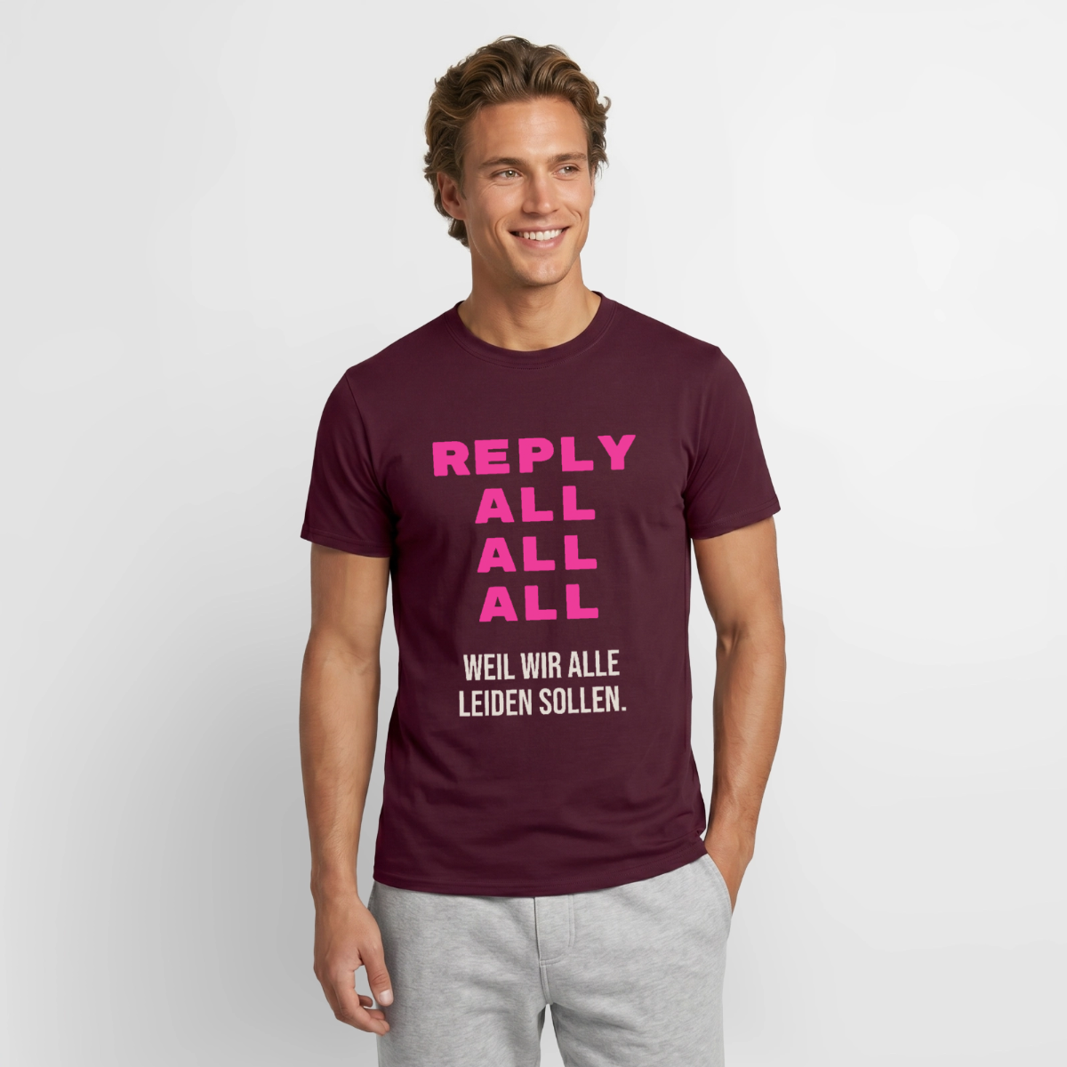 "Reply all, all, all. Weil wir alle leiden sollen." Motiv-T-Shirt für Männer, Farbe Ziegelrot