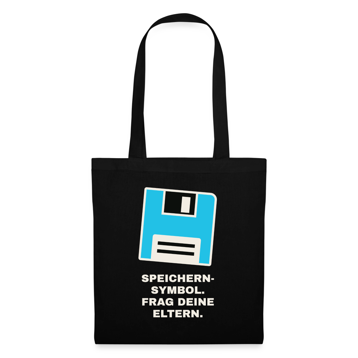 Speichern-Symbol. Frag deine Eltern. Stoffbeutel, Farbe Schwarz
