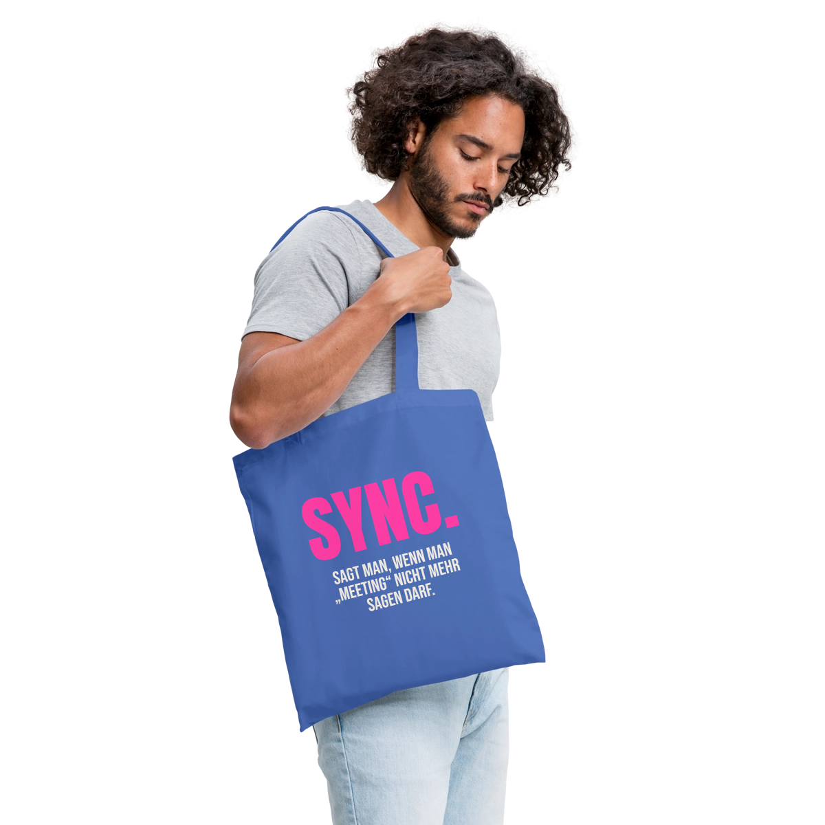 "Sync: sagt man, wenn man Meeting nicht mehr sagen darf." Stoffbeutel, Farbe Hellblau