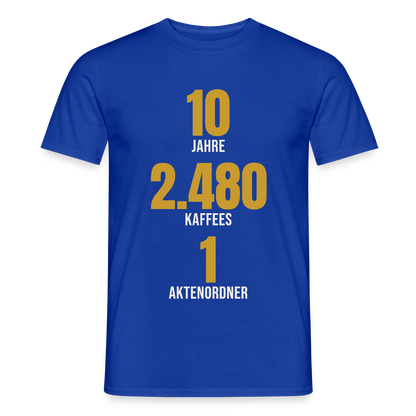 "10 Jahre, 2.480 Kaffees, 1 Aktenordner" Motiv-T-Shirt für Männer, Farbe Dunkelblau