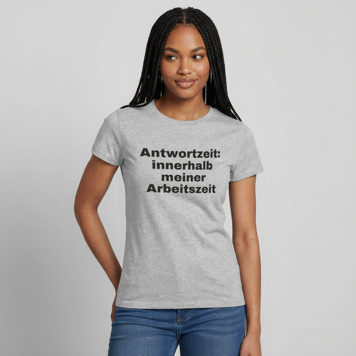 "Antwortzeit: innerhalb meiner Arbeitszeit" Motiv-T-Shirt für Frauen, Farbe Grau meliert