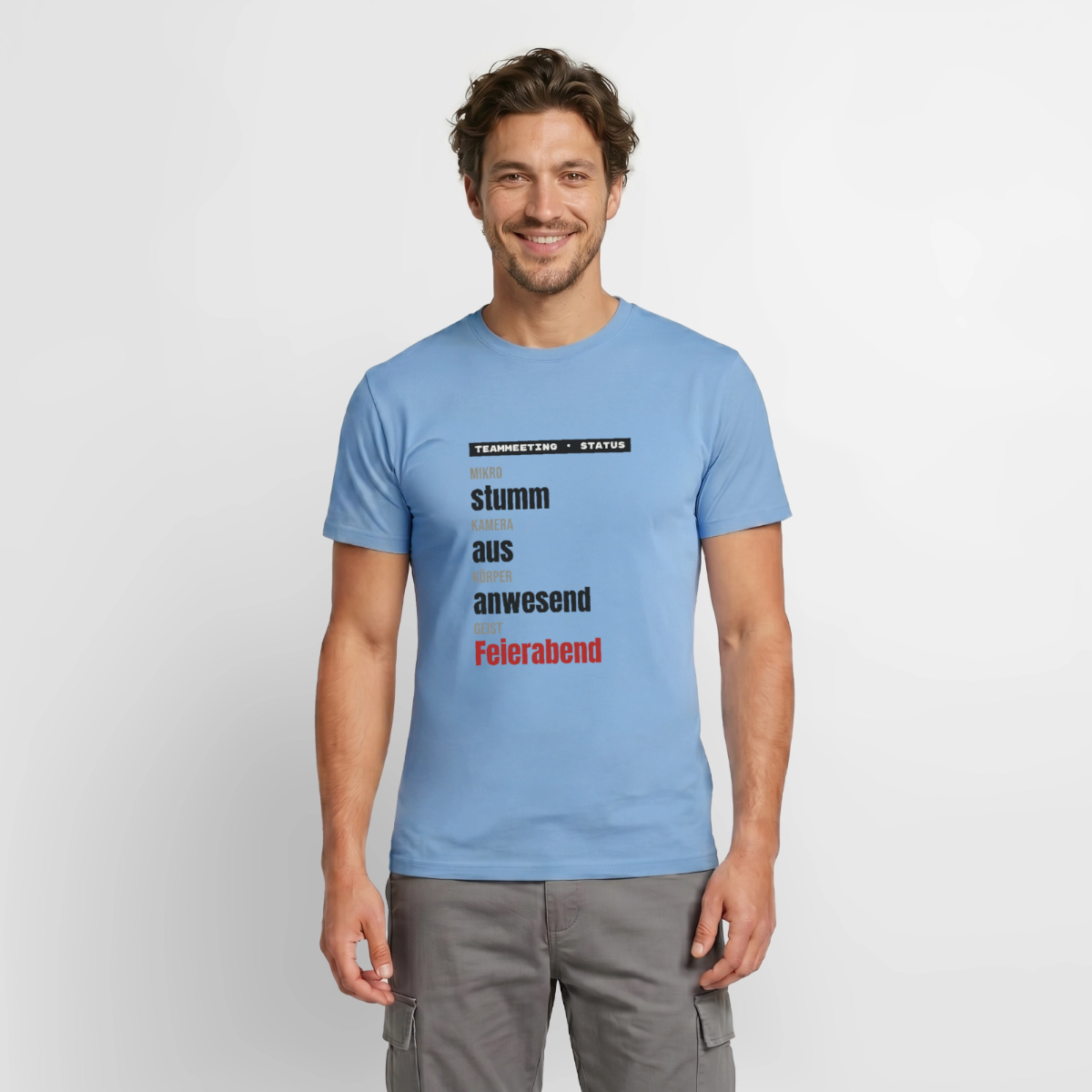 Mikro stumm, Kamera aus, Körper anwesend, Geist Feierabend Motiv-T-Shirt für Männer, Farbe Carolina Blue, Model
