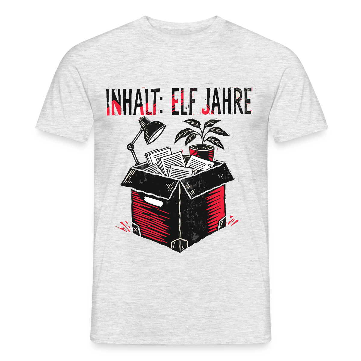 "Inhalt: elf Jahre. Linolschnitt-Motiv" Motiv-T-Shirt für Männer, Farbe Grau meliert