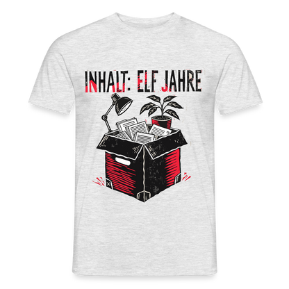 "Inhalt: elf Jahre. Linolschnitt-Motiv" Motiv-T-Shirt für Männer, Farbe Grau meliert