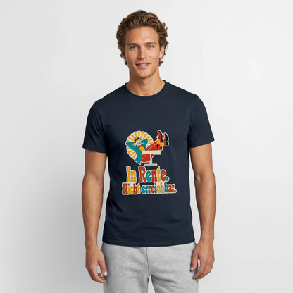In Rente. Nicht erreichbar. Midcentury-Motiv Motiv-T-Shirt für Männer, Farbe Navy, Model