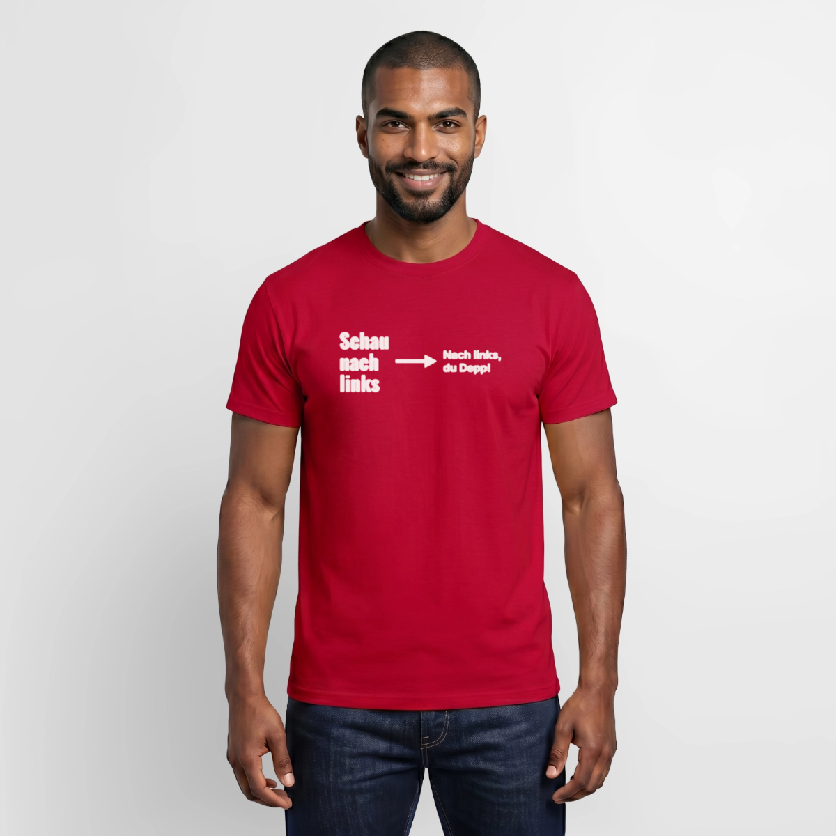 Schau nach links. Motiv-T-Shirt für Männer, Farbe Rot, Model