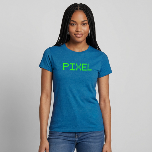 Pixel. Phosphor-Motiv Motiv-T-Shirt für Frauen, Farbe Antikblaues Saphir meliert, Model