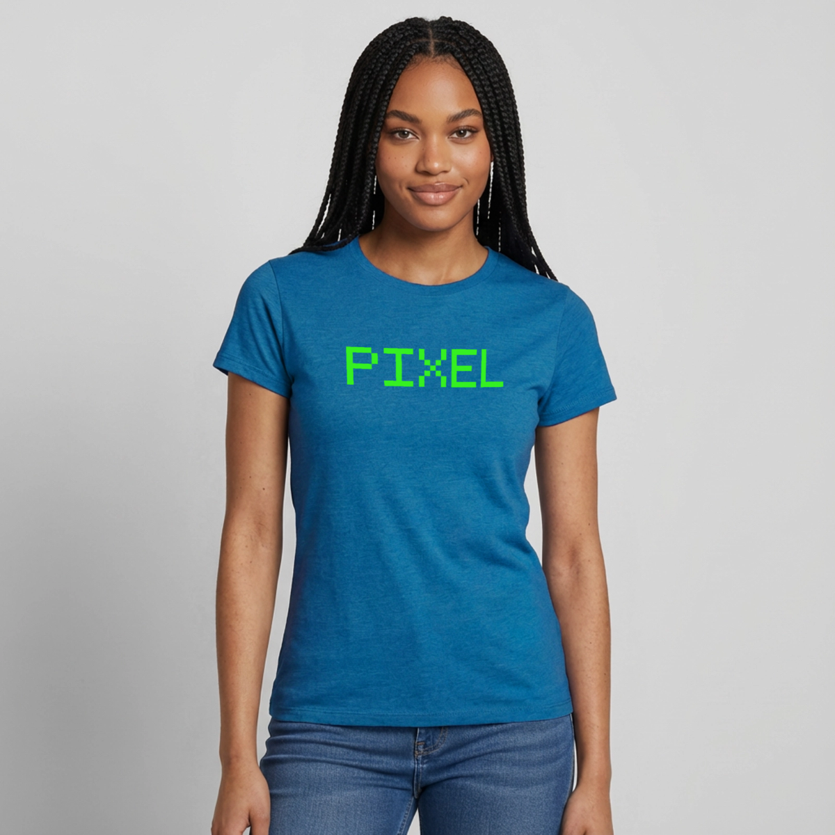 Pixel. Phosphor-Motiv Motiv-T-Shirt für Frauen, Farbe Antikblaues Saphir meliert, Model
