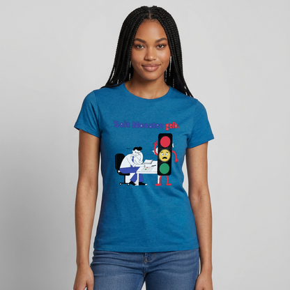"Seit Monaten gelb. Ampel-Motiv" Motiv-T-Shirt für Frauen, Farbe Antikblaues Saphir meliert