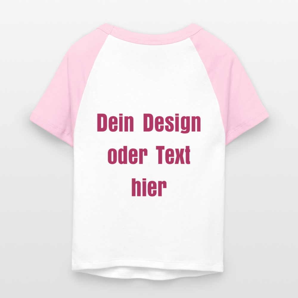 Frauen Cropped Baseball T-Shirt - personalisierbare Vorder- und Rückseite - Weiß/Pink
