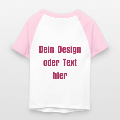 Frauen Cropped Baseball T-Shirt - personalisierbare Vorder- und Rückseite - Weiß/Pink