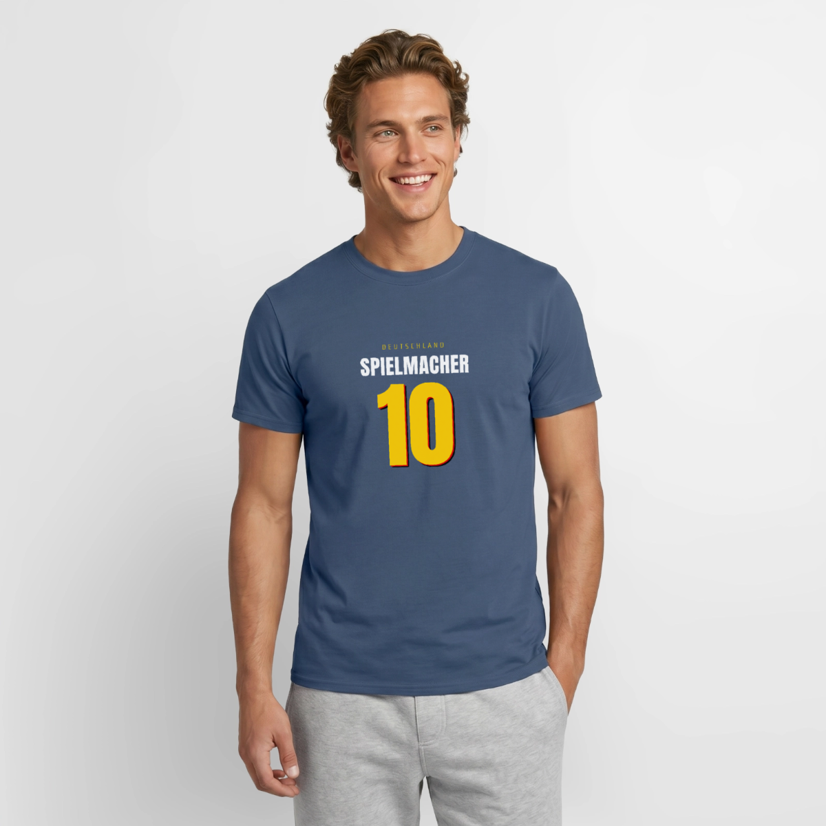 Spielmacher. Trikotnummer-Motiv Motiv-T-Shirt für Männer, Farbe Dunkles Denimblau, Model