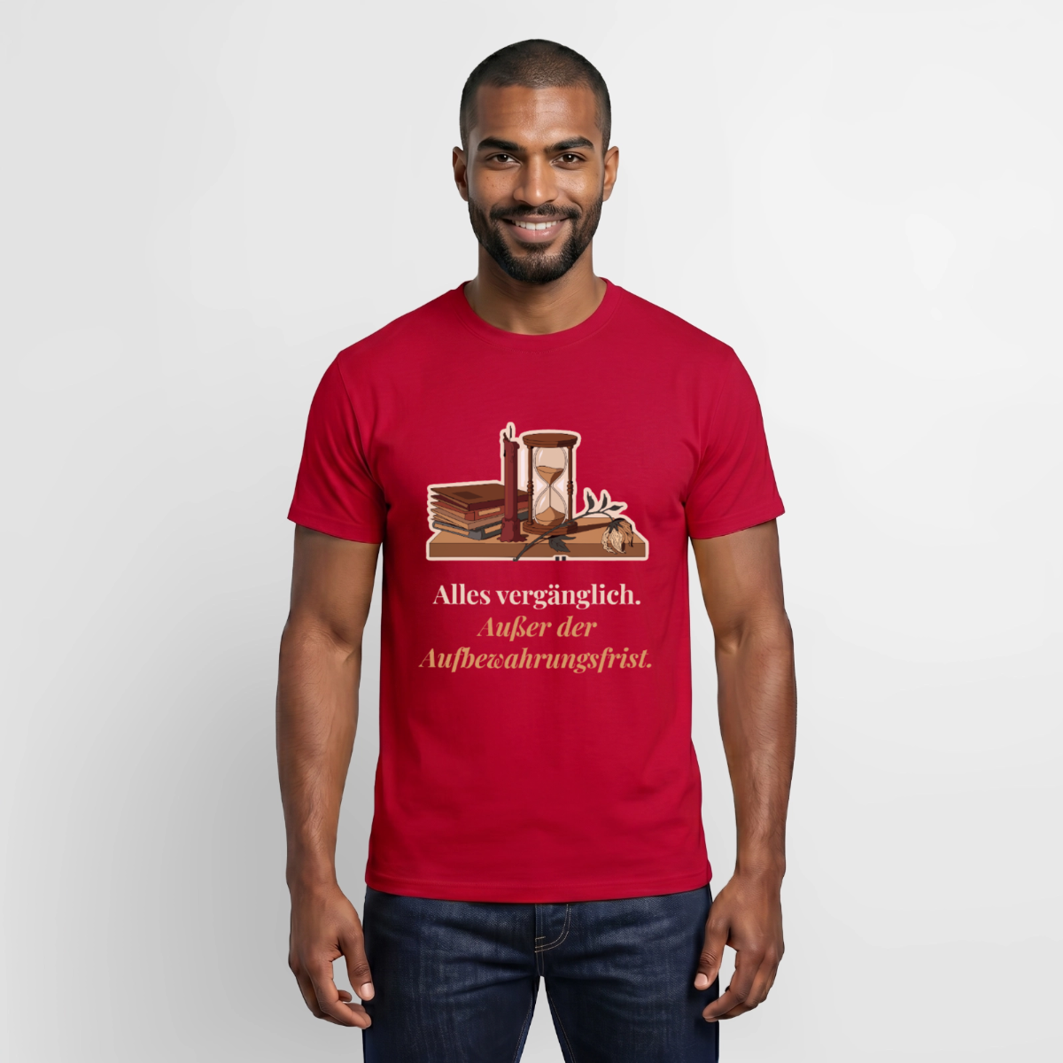 "Alles vergänglich. Außer der Aufbewahrungsfrist." Motiv-T-Shirt für Männer, Farbe Rot
