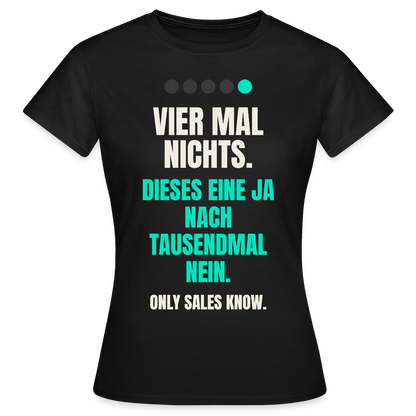 Vier Mal nichts. Dieses eine Ja nach tausendmal Nein. Motiv-T-Shirt für Frauen, Farbe Schwarz