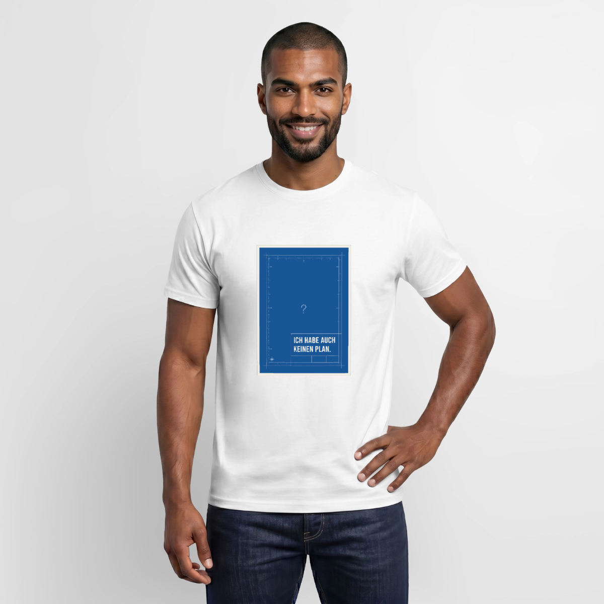 Ich habe auch keinen Plan. Motiv-T-Shirt für Männer, Farbe Weiß, Model
