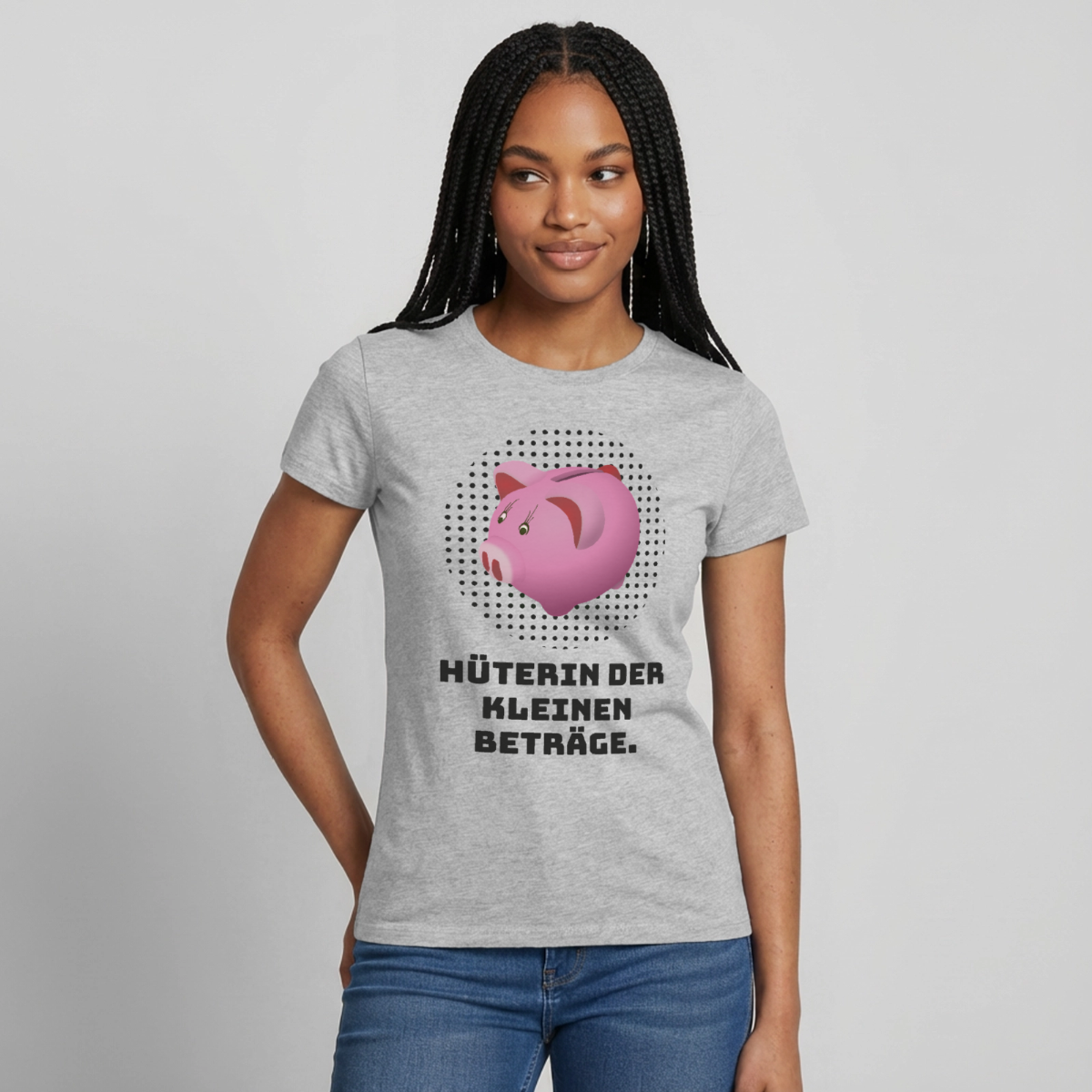 "Hüterin der kleinen Beträge." Motiv-T-Shirt für Frauen, Farbe Grau meliert