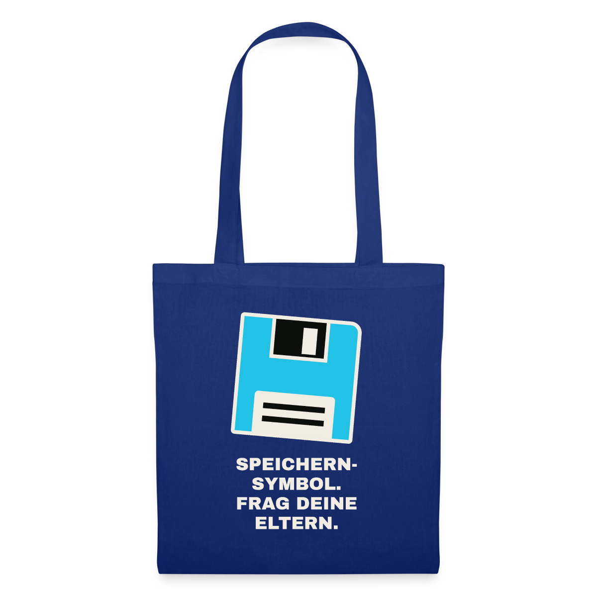 Speichern-Symbol. Frag deine Eltern. Stoffbeutel, Farbe Royalblau