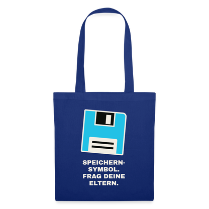Speichern-Symbol. Frag deine Eltern. Stoffbeutel, Farbe Royalblau