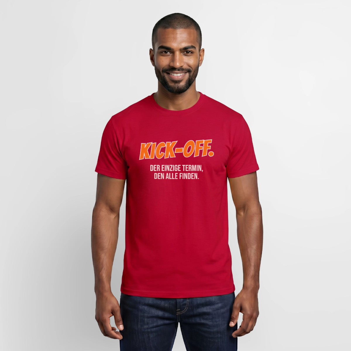"Kick-off: der einzige Termin, den alle finden." Motiv-T-Shirt für Männer, Farbe Rot