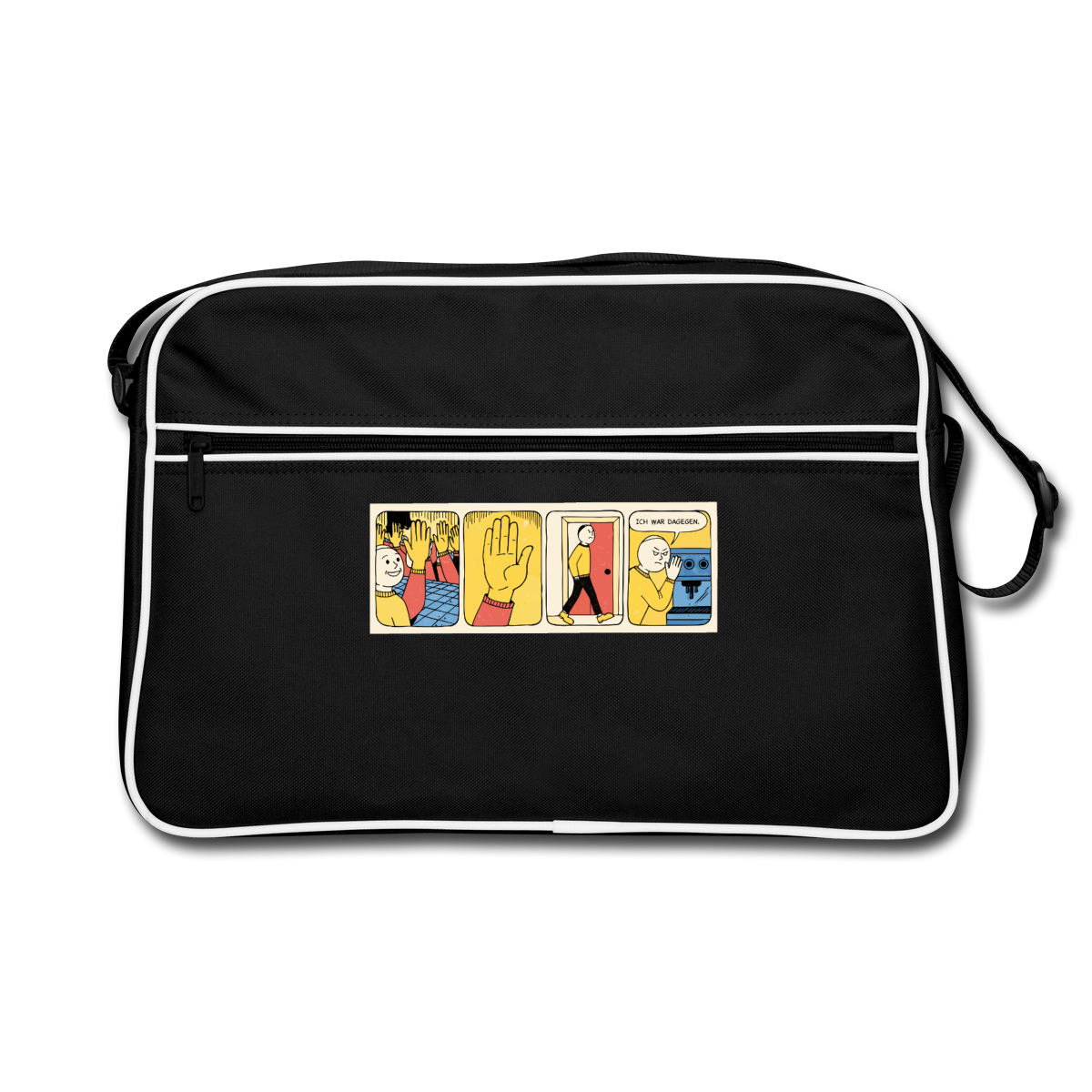 Ich war dagegen. Motiv-Retro-Tasche, Farbe Schwarz/Weiß