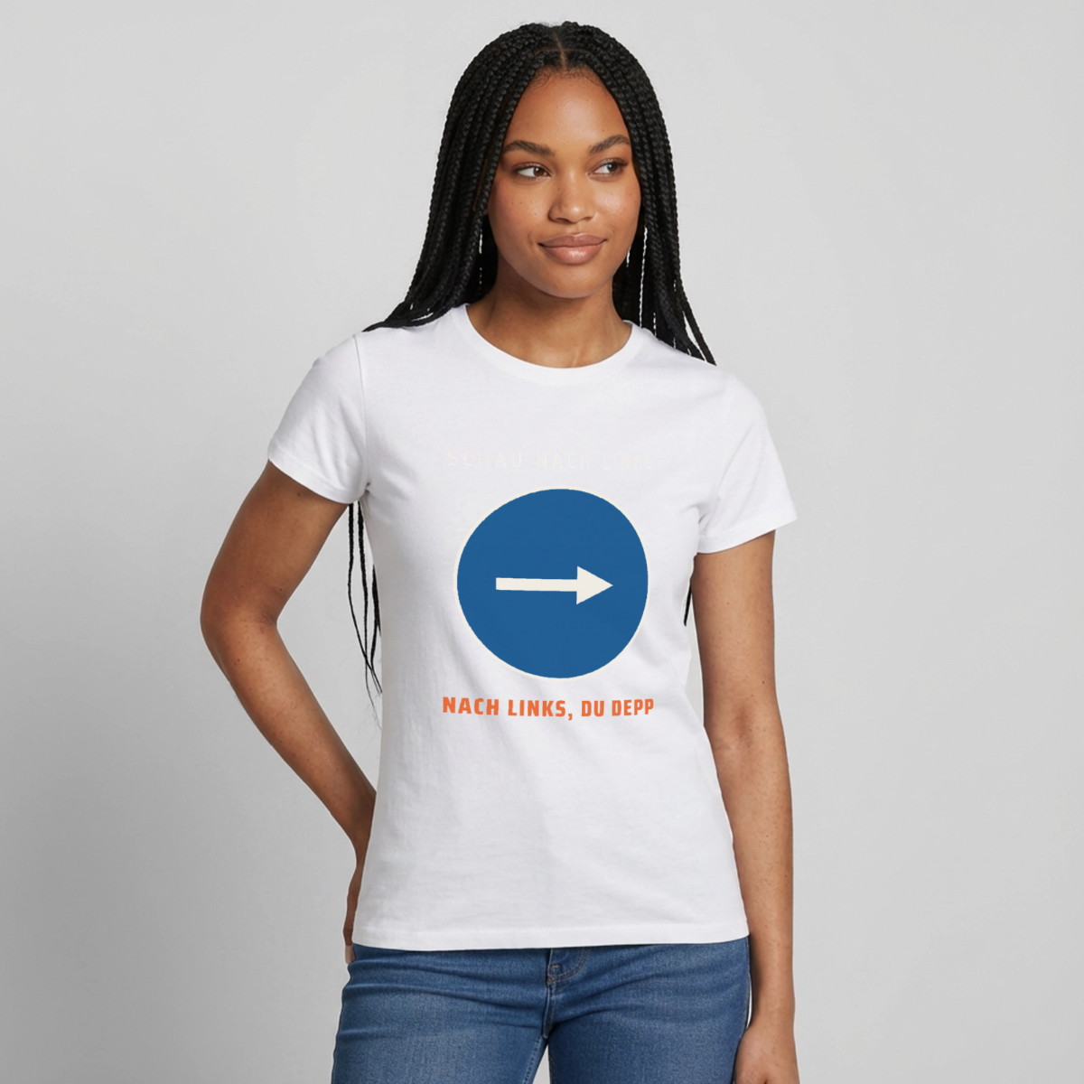 Nach links, du Depp. Piktogramm-Motiv Motiv-T-Shirt für Frauen, Farbe Weiß, Model