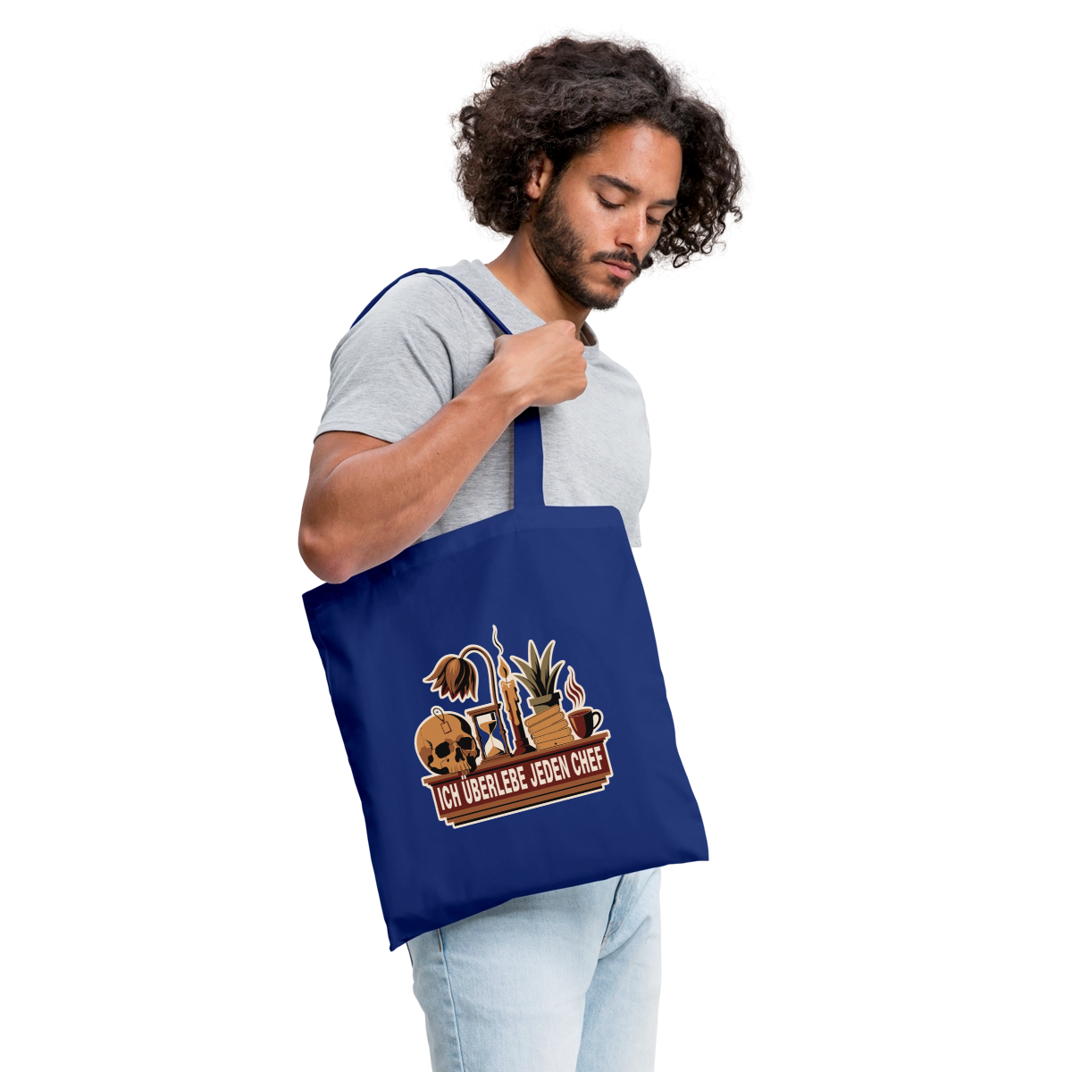 Ich überlebe jeden Chef. Stoffbeutel, Farbe Royalblau, Model