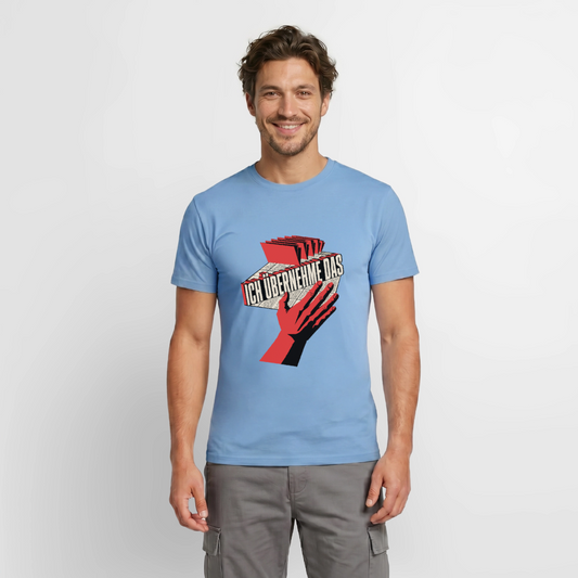 Ich übernehme das. Konstruktivismus-Motiv Motiv-T-Shirt für Männer, Farbe Carolina Blue, Model