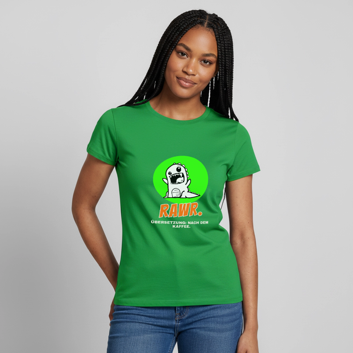 "Rawr. Übersetzung: nach dem Kaffee. Sticker-Motiv" Motiv-T-Shirt für Frauen, Farbe Kelly Green