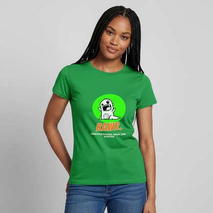 "Rawr. Übersetzung: nach dem Kaffee. Sticker-Motiv" Motiv-T-Shirt für Frauen, Farbe Kelly Green